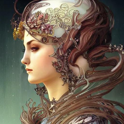Image similar to a photograpic portrait of a pretty woman, spacepunk, fantasy, intricate, elegant, highly detailed, digital painting, artstation, concept art, smooth, sharp focus, illustration, art by artgerm and H R Giger and alphonse mucha