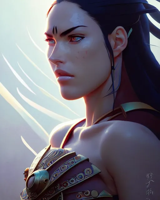 Image similar to azctec warrior, megan fox, detailed perfect face, exquisite details, fire magic, mid view, design on a white background, by studio muti, greg rutkowski makoto shinkai takashi takeuchi studio ghibli