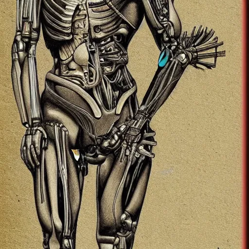 Prompt: futuristic cyborg anatomy drawing by da vinci