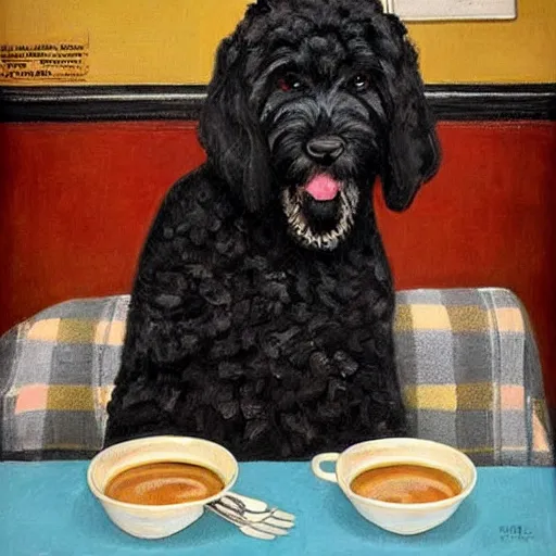 Image similar to Black Goldendoodle with a bright face and a puppy sitting at a diner drinking a cup of coffee, looking melancholy, Norman Rockwell style