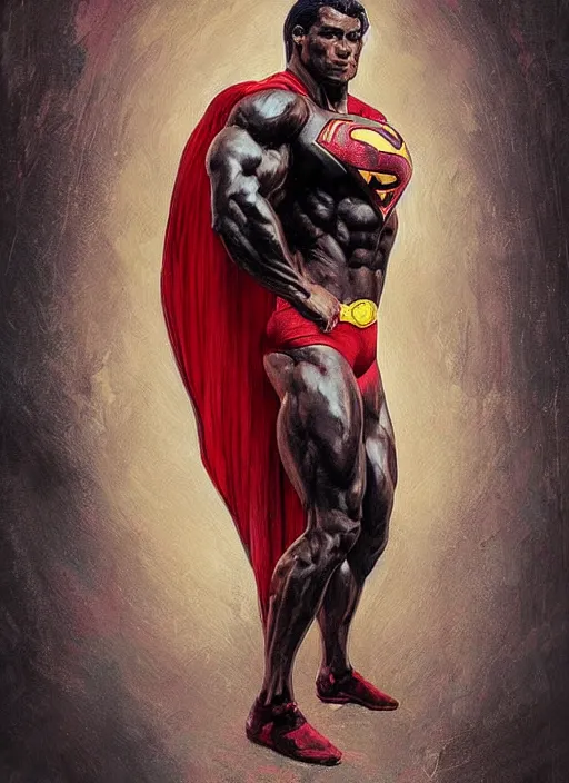 Image similar to portrait of crossfit bodybuilder sprinter superman!, futuristic detailed costume, red and black costume!!!, painted art by tsuyoshi nagano, greg rutkowski, artgerm, alphonse mucha, spike painting