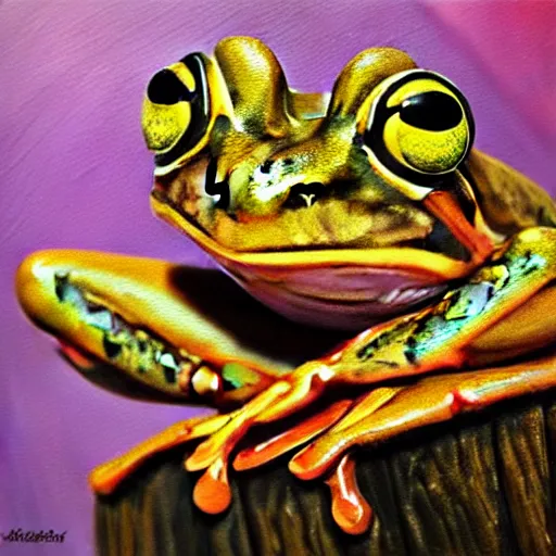 Image similar to beautiful oil painting of a common frog on a tree, sunlight, award - winning, matte,