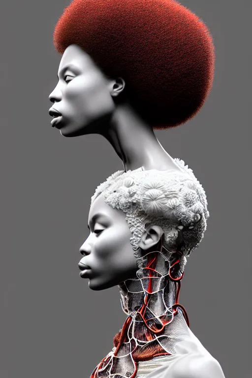 Prompt: complex 3d render ultra detailed of a beautiful porcelain profile afro woman face, biomechanical cyborg, analog, 150 mm lens, beautiful natural soft rim light, big leaves and stems, roots, fine foliage lace, silver white red details, massai warrior, Alexander Mcqueen high fashion haute couture, earring, art nouveau fashion embroidered, steampunk, intricate details, mesh wire, mandelbrot fractal, anatomical, facial muscles, cable wires, microchip, elegant, hyper realistic, ultra detailed, octane render, H.R. Giger style, volumetric lighting, 8k post-production