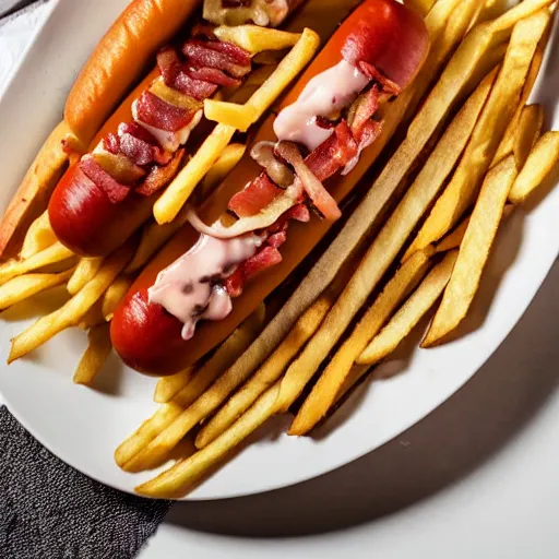 Image similar to professional photo of a plate with a hotdog sliced lengthwise with relish, cheese and bacon on top of it with a side of skin-on French fries and ketchup, 4k