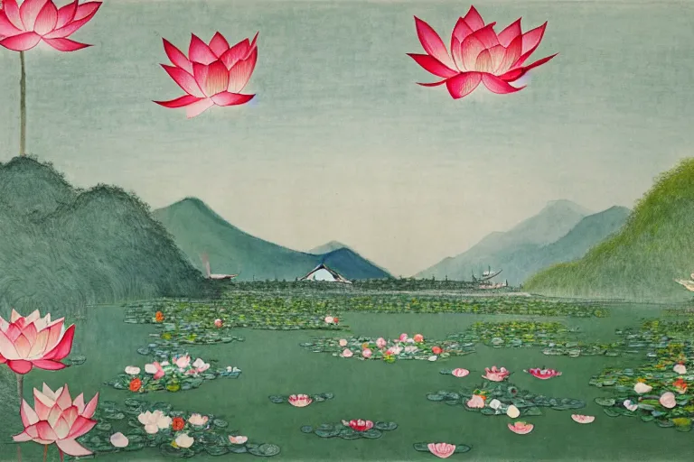 Prompt: an ultradetailed landscape painting of westlake in china hangzhou, lotus, may flowers blossoms nearby, fine wind, chinese water color, smooth, sharp focus, illustration, by hilma af klint, 8 k