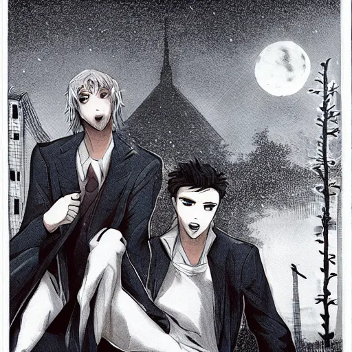 Prompt: two young men, one man human, one man vampire, night, on a birdge anime style