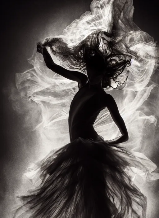 Prompt: a Photorealistic dramatic hyperrealistic render of a beautiful Female smoke dancer by Ken Brower and Deborah Ory of NYC Dance project,Lois Greenfield,Flowing cloth and smoke,Beautiful dynamic dramatic dark moody lighting,volumetric,shadows,cinematic atmosphere,Octane render,8K