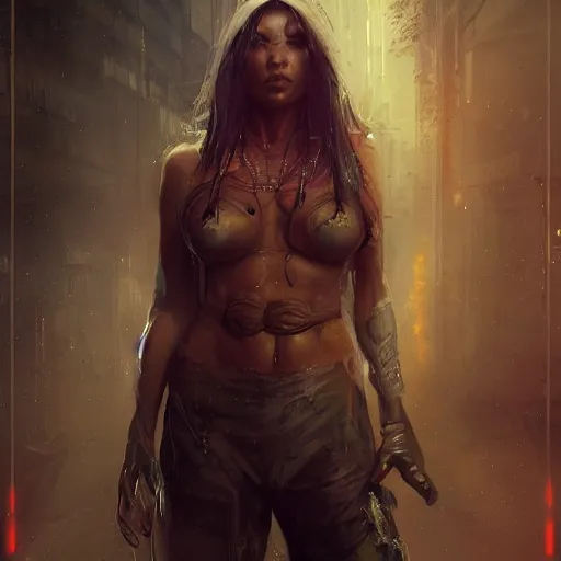 Prompt: cyberpunk, shaman, full length portrait, artstation, by bastien lecouffe - deharme, highly detailed, chillwave