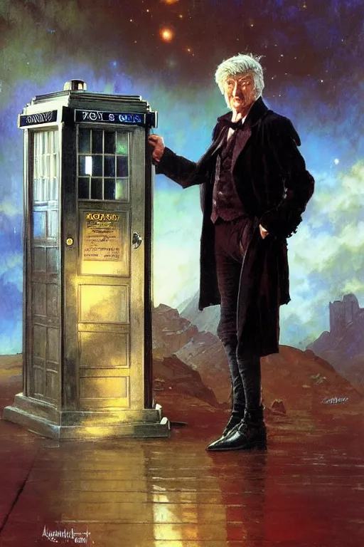 Image similar to The Third Doctor standing next to the TARDIS, portrait by Stanley Artgerm Lau, greg rutkowski, thomas kindkade, alphonse mucha, loish, norman Rockwell