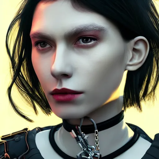 Image similar to detailed realistic female character cyberpunk wearing thick steel collar around neck, realistic, art, beautiful, 4K, collar, choker, collar around neck, punk, artstation, detailed, female, woman, choker, cyberpunk, neon, punk, collar, choker, collar around neck, thick collar, choker around neck, wearing choker, wearing collar, eyes, thick collar,