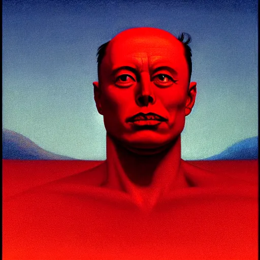 Image similar to elon musk totalitarian in the style of beksinski, parts by edward hopper, parts by rodcenko, parts by yue minjun, intricate and epic composition, red by caravaggio, insanely quality, highly detailed, masterpiece, red light, artstation, 4 k