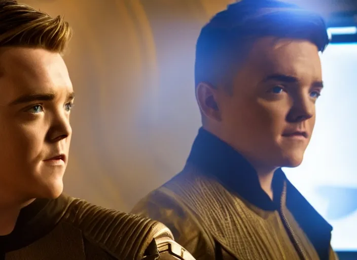 Prompt: Jesse McCartney plays as captain in Star Trek Discovery, engine room and warp core in the background, 35mm photography, highly detailed, cinematic lighting, 4k