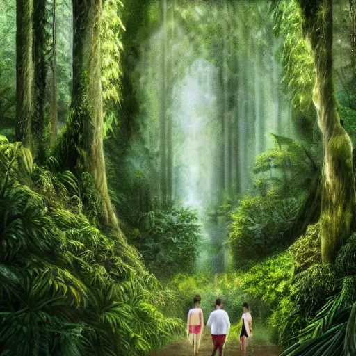 Prompt: a detailed photorealistic picture of two lovers holding hands walking through the forest overgrown canopy jungle lush foliage waterfall in background, 8k