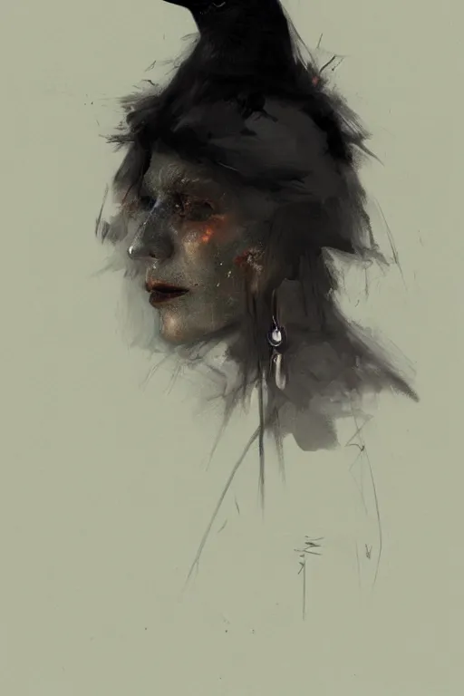 Prompt: portrait of a crow-woman in the dark, concept art by Moebius, Ruan Jia and John Singer Sargent, trending on artstation, artstationHD, artstationHQ, 4k, 8k
