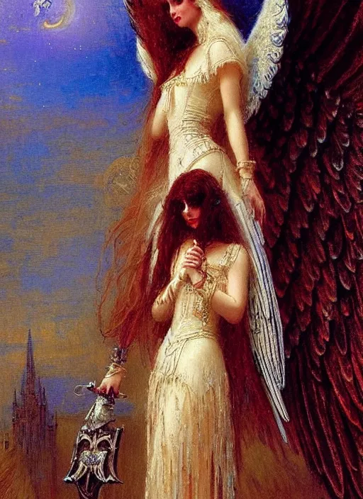 Image similar to vertical prtrait of an angel knight gothic girl, baroque dress. by gaston bussiere
