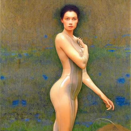 Prompt: full body portrait of a beautiful woman with a perfect face and body wearing a transparent plastic skin tight jumpsuit with circular cutouts, Edgar Maxence and Ross Tran and Michael Whelan and Gustav Klimpt