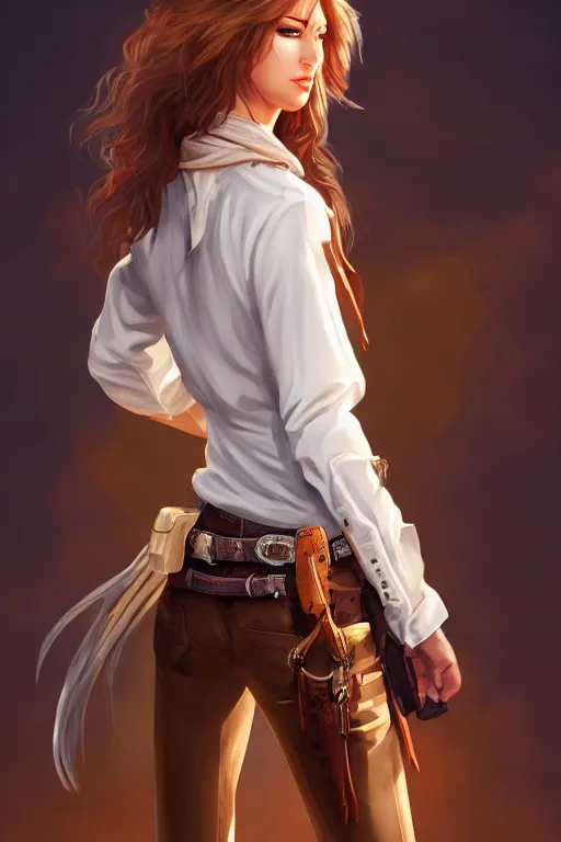 Image similar to full body, female cowgirl, perfect face, white blouse, holster, 8 k, magic the gathering, desert, d & d, artstation, high detail, smooth, sweaty