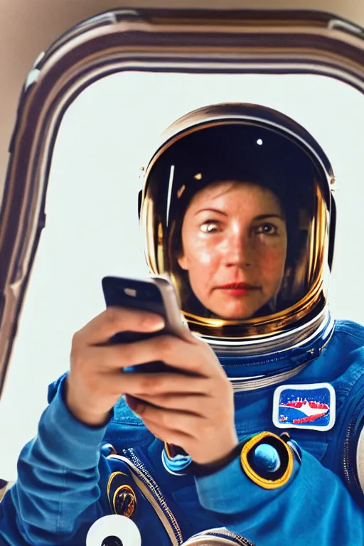 Prompt: extremely detailed studio portrait of space astronaut, holds a smart phone in one hand, phone!! held up to visor, reflection of phone in visor, moon, extreme close shot, soft light, golden glow, award winning photo by diane arbus
