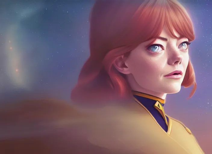 Image similar to a disney film still of emma stone as a star trek officer, finely detailed features, closeup of the face, perfect art, dusk, blue hour, gapmoe yandere grimdark, trending on pixiv fanbox, painted by greg rutkowski, makoto shinkai, takashi takeuchi, alphonse mucha, akihiko yoshida