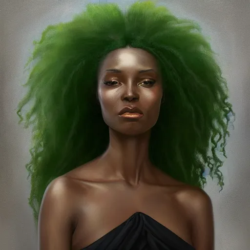 Image similar to a detailed matte oil on canvas head on symmetrical portrait of black skinned woman with long white and ( ( ( pale greenish ) ) ) hair, clothed by charlie bowater, lise deharme, wlop, trending on artstationhd, dungeons and dragons art critical role