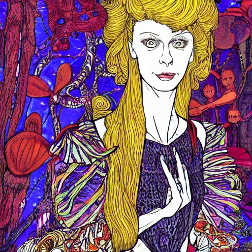 Image similar to Alice in Wonderland, by Ivan Bilibin, inspired by Alexander McQueen fashion, and Möbius illustration, high resolution scan, dichroic prism effect,