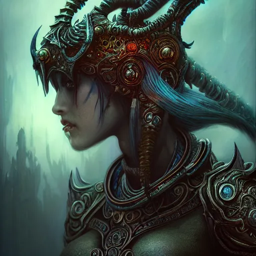Prompt: a highly detailed long shot photo of chthonic warcraft female character by ayami kojima, beksinski, giger, intricate, digital painting, artstation, intricate, concept art, smooth, sharp focus, illustration