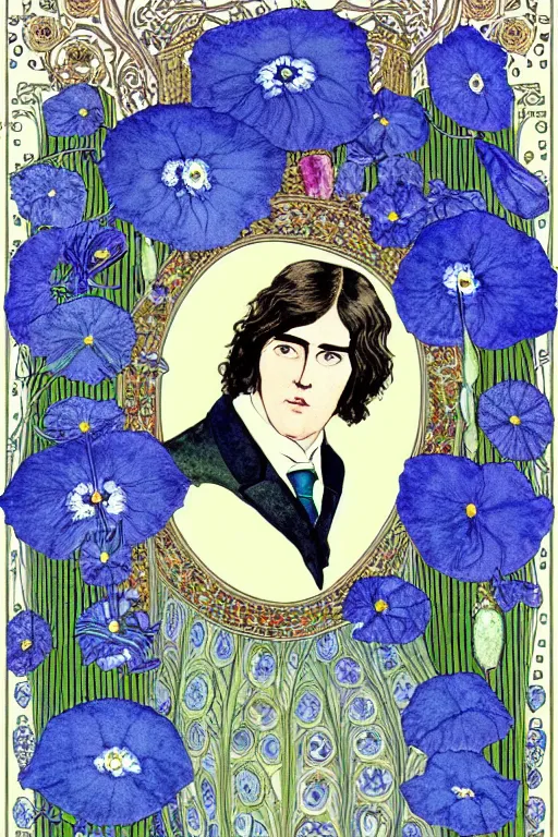 Image similar to realistic portrait of oscar wilde in the center of an ornate floral frame with blue meconopsis, detailed art by kay nielsen and walter crane, illustration style, watercolor