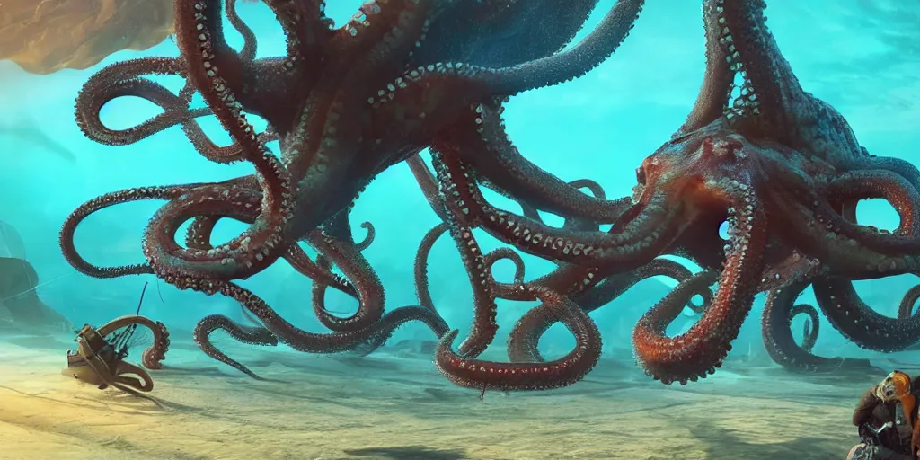 Image similar to underwater enviroment with a giant octopus boss creature with tentacles , unreal 5, hyperrealistic, realistic, photorealistic, dynamic lighting, highly detailed, cinematic landscape, studio landscape, studio lighting