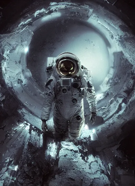 Prompt: infrared concept art by craig mullins astronaut holds a black hole in his hands in futuristic dark and empty spaceship underwater. complex and hyperdetailed technical suit. mandelbulb fractal. reflection and dispersion materials. rays and dispersion of light. volumetric light. 5 0 mm, f / 3 2. noise film photo. flash photography. octane render. interstellar movie art