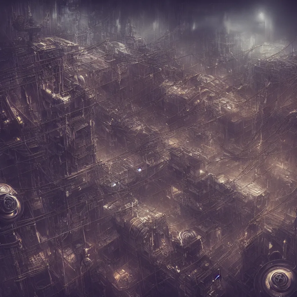 Image similar to futuristic dystopian endless, intricate, complex, labyrinthine, byzantine, tangled, industrial megafactory complex, smokestacks, pipelines and ducts and vents, matte painting, steampunk, smoke, night, gloomy, dark, dramatic, cinematic, volumetric lighting, gods eye view