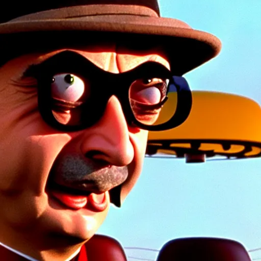 Image similar to mr. bean as raul duke from the fear and loathing in las vegas movie. movie still. cinematic lighting.