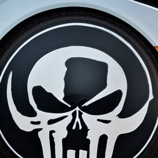 Prompt: the punisher skull logo painted on an black ford raptor