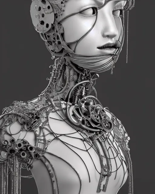 Image similar to black and white dreamy foggy smoky detailed profile face portrait, one silver steampunk eye biomechanical beautiful young female cyclope - cyborg - robot bust, body ribs meshes,, volumetric light, hibiscus flowers, rim light, by dora maar and cecile beaton, big gothic fashion pearl embroidered collar, 8 k