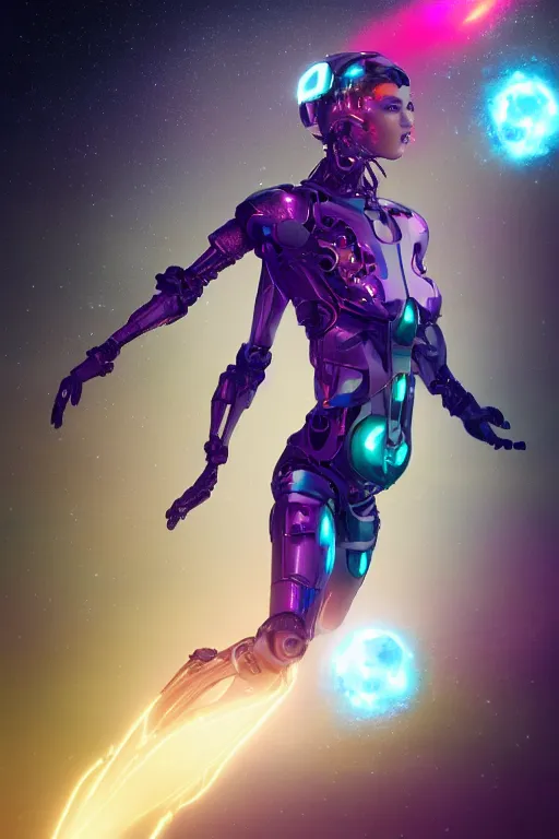 Image similar to woman cyborg floating in space letting go of reality and experiencing the quantum feild, matte painting comic book art, cinematic, highly detailed, realistic, beautiful cosmic neural network, octane render, unreal engine, depth of field, trending on artstation, sharp focus, philosophical splashes of colors