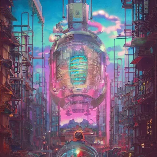 Image similar to Lofi vaporwave sci-fi steampunk nintendocore overpopulated city, Pixar style, Tristan Eaton, Stanley Artgerm, Tom Bagshaw