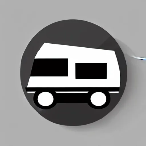 Image similar to very very very minimal vector graphic of a white and black thor chateau motorhome, color highway, mountains and sunset!!, all enclosed in a circle, white background, dramatic, professional minimal graphic design cartoon, award winning