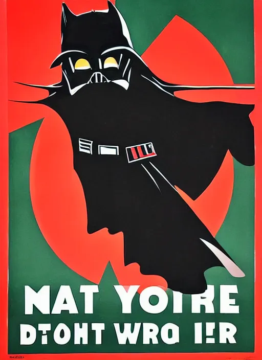 Image similar to a propaganda poster depicting a cat dressed as darth vader