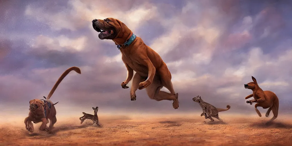 Prompt: a boerboel mastiff running, chasing a kangaroo, detailed, intricate, by jessica rossier