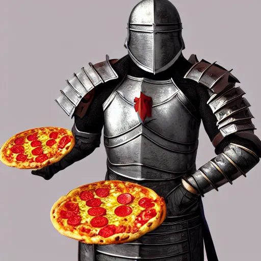 Image similar to medieval fantasy knight using pepperoni pizza as a shield instead, full body, portrait, photography, detailed, 8K, render
