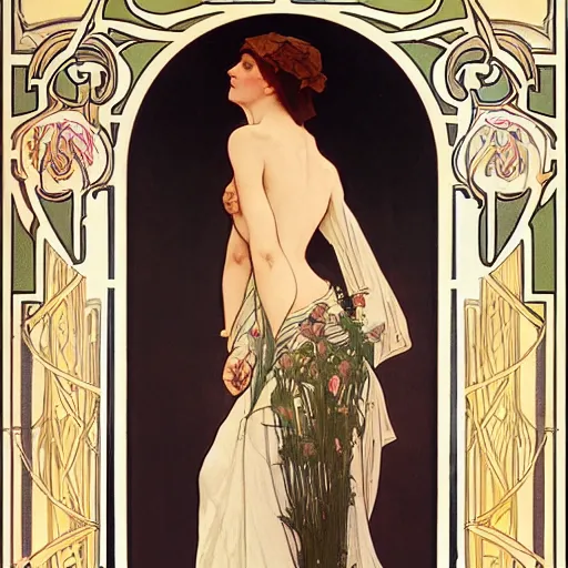 Image similar to a beautiful female necromancer raising the dead by alphonse mucha by jules joseph lefebvre