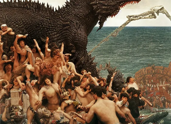 Prompt: godzilla attacking the raft of the medusa, painting by lawrance alma - tadema, by roger corman, 4 k, hyper - realistic, highly detailed