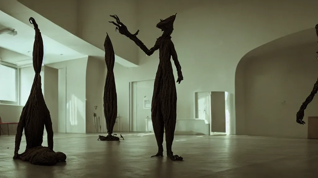 Image similar to the strange creature at the office that stole my soul, made of wax and oil, film still from the movie directed by Denis Villeneuve with art direction by Salvador Dalí, wide lens