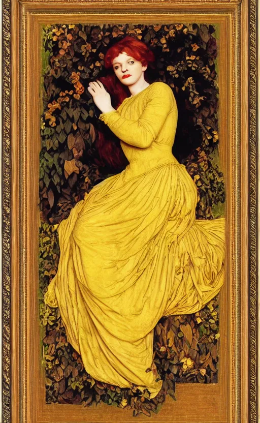 Image similar to preraphaelite full body portrait photography masterpiece hybrid of judy garland and florence welch, reclining, brown hair fringe, yellow ochre ornate medieval dress, kilian eng and william holman hunt, frederic leighton, ford madox brown, william morris, framed, 4 k