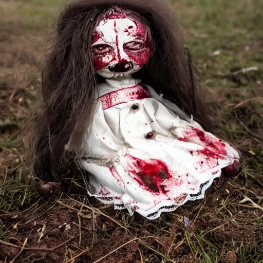 Image similar to macabre abandoned doll, blood stained, few broken hairs, one eye, terrifying