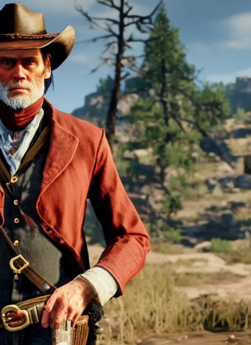 Prompt: film still of jim carrey in red dead redemption 2 ( 2 0 1 8 video game )