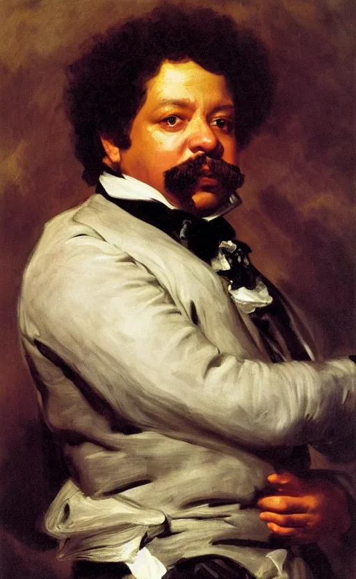 Image similar to Portrait of Alexandre Dumas, oil on canvas, highly detailed, high contrast, by Franz Xaver Winterhalter, Henry Ossawa Tanner, Anthony van Dyck, 8k