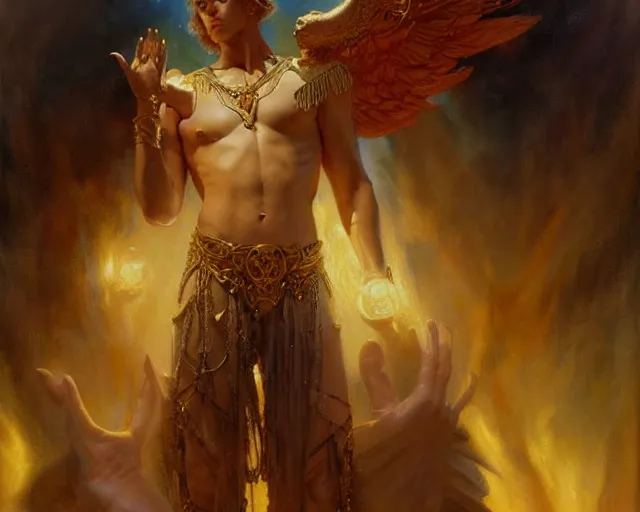 Image similar to attractive pagan male deity, casting magic, summoning handsome lucifer morning star. highly detailed painting by gaston bussiere, craig mullins, j. c. leyendecker 8 k