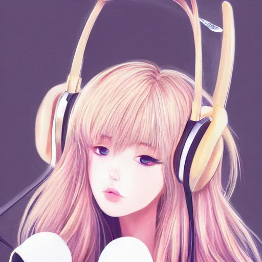 Prompt: realistic beautiful gorgeous natural cute Blackpink Lalisa Manoban blonde hair cute fur blonde cat ears wearing headphones outfit golden eyes artwork drawn full HD 4K highest quality in artstyle by professional artists WLOP, Taejune Kim, Guweiz, ArtGerm on Artstation Pixiv