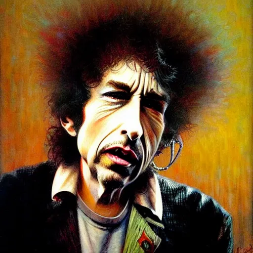 Image similar to exaggerated funny caricature portrait of bob dylan, detailed face, detailed painting, epic lighting, by ilya repin, phil hale and kent williams