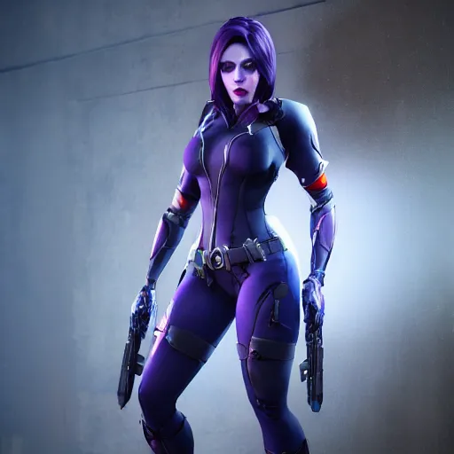 Image similar to scarlet johanson as widowmaker from overwatch, ultra realistic, 4 k, coherent, detailed face, unreal engine, costumed